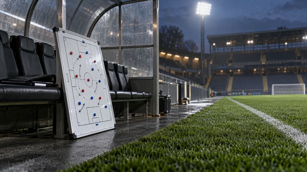 Taktiktavla med uppställning och pilar vid sidan av planen i en tom arena – nya tränare sätter sin prägel inför säsongen.