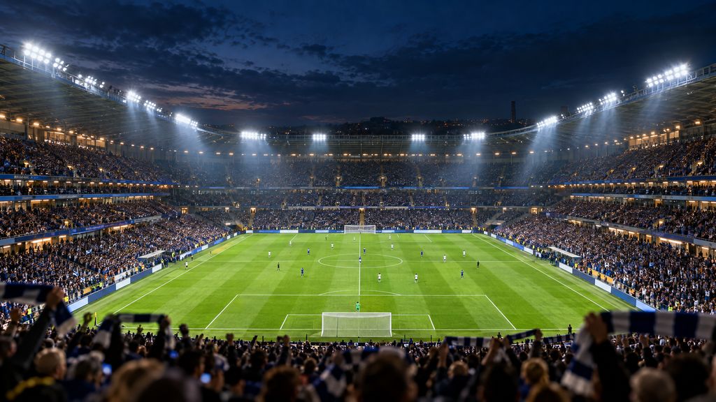 Fullsatt fotbollsstadion under strålkastarljus en kväll, publik med halsdukar och spelare på planen inför en Premier League-omgång.